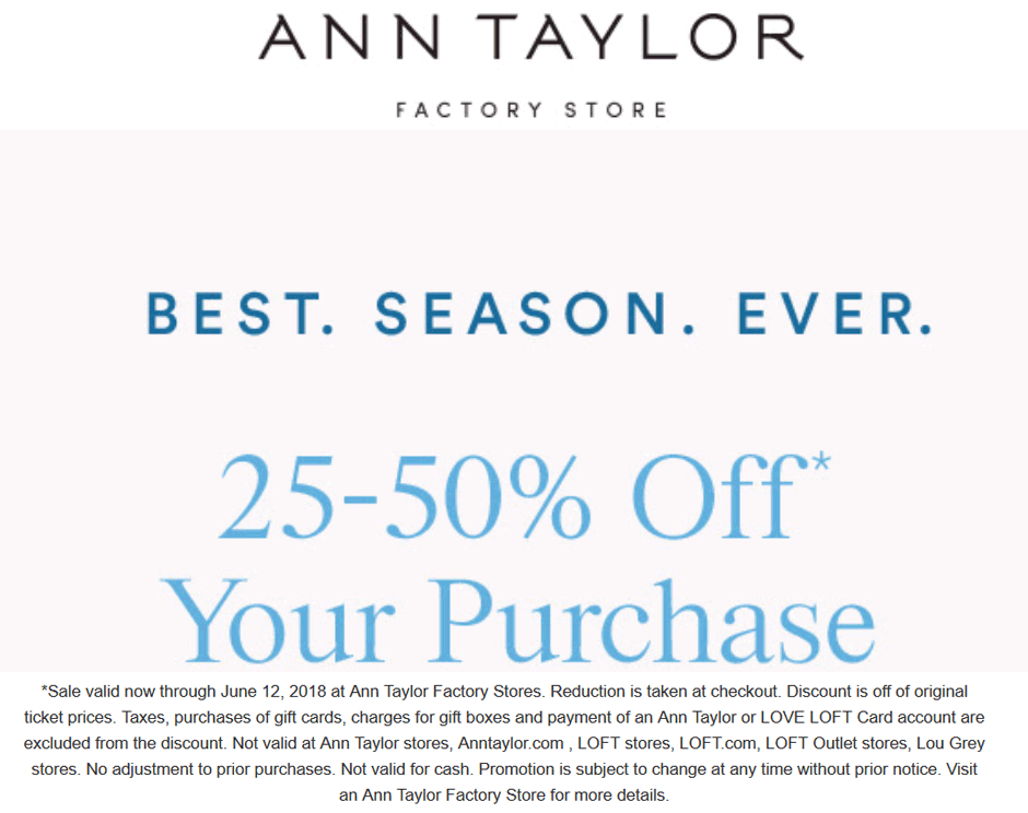 Ann Taylor Factory Coupon April 2024 25-50% off at Ann Taylor Factory