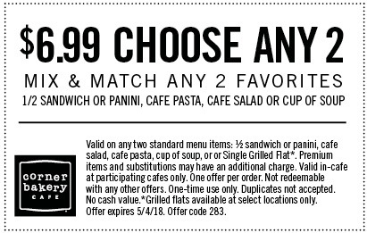 Corner Bakery Coupon April 2024 2 items for $7 at Corner Bakery Cafe