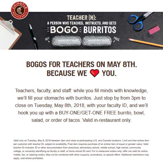 Chipotle Coupon April 2024 Teachers enjoy a second burrito free the 8th at Chipotle restaurants
