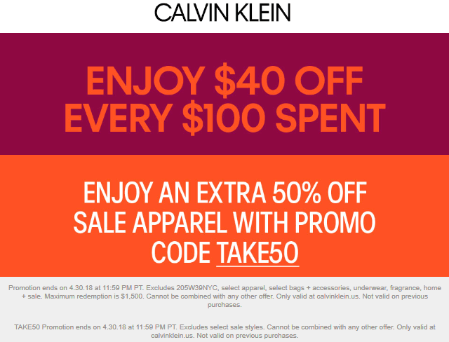 Calvin Klein Coupon April 2024 Extra 50% off sale items & more online today at Calvin Klein via promo code TAKE50
