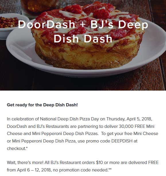 BJs Restaurant Coupon April 2024 Free mini deep dish pizza delivered Thursday via BJs Restaurant and promo code DEEPDISH