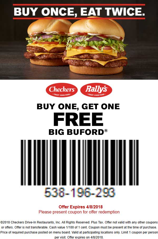 Checkers Coupon March 2024 Second double cheeseburger free at Checkers & Rallys