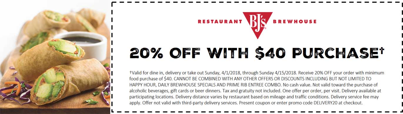 BJs Restaurant Coupon April 2024 20% off $40 at BJs Restaurant brewhouse
