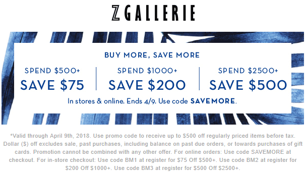 Z Gallerie Coupon April 2024 $75-$500 off $500+ at Z Gallerie, or online via promo code SAVEMORE