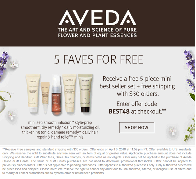 Aveda Coupon April 2024 5pc set free with $30 spent online at Aveda via promo code BEST48