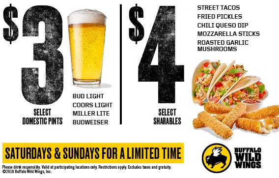 Buffalo Wild Wings Coupon April 2024 $3 pints & $4 appetizers weekends at Buffalo Wild Wings