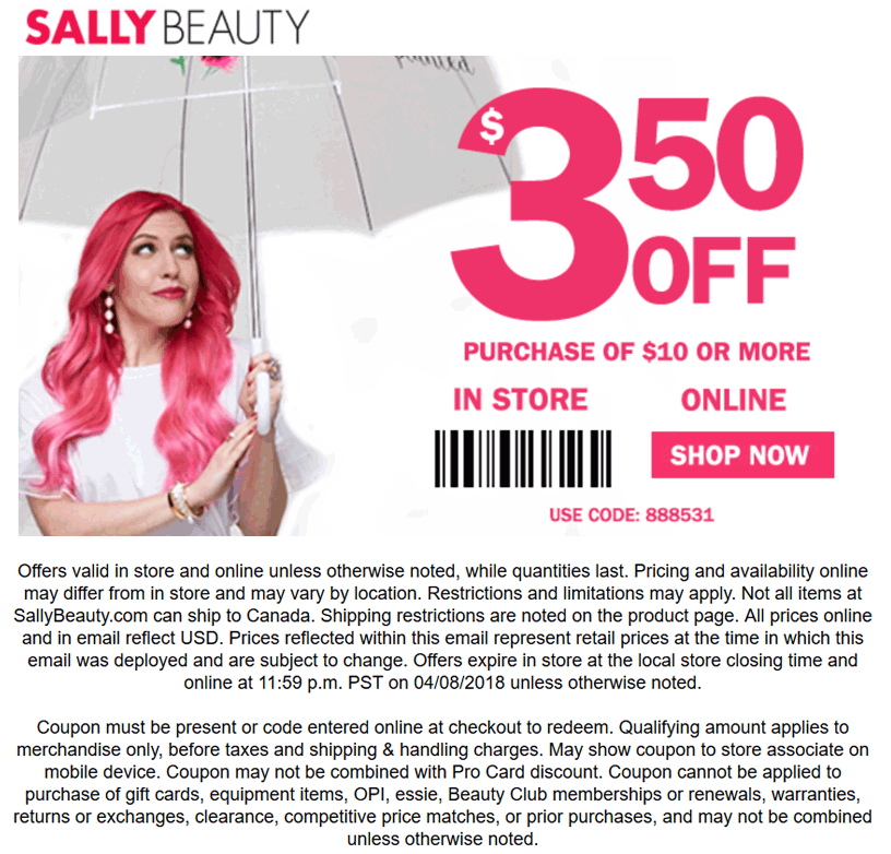 Sally Beauty Coupon April 2024 $3.50 off $10 at Sally Beauty Supply, or online via promo code 888531