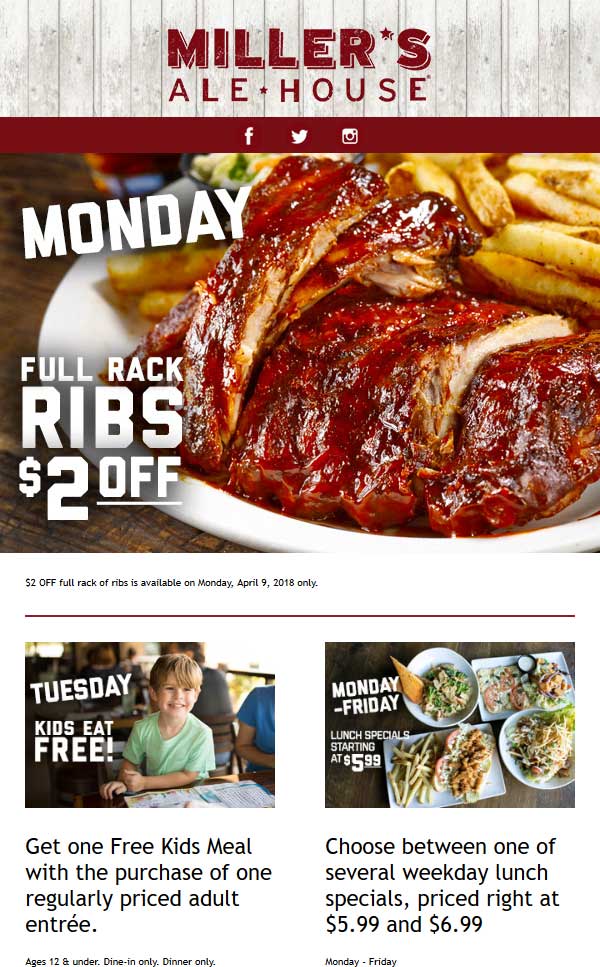 Millers Ale House Coupon April 2024 $2 off ribs Monday at Millers Ale House restaurants
