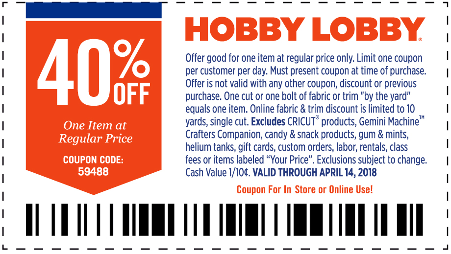 Hobby Lobby Coupon April 2024 40% off a single item at Hobby Lobby, or online via promo code 59488