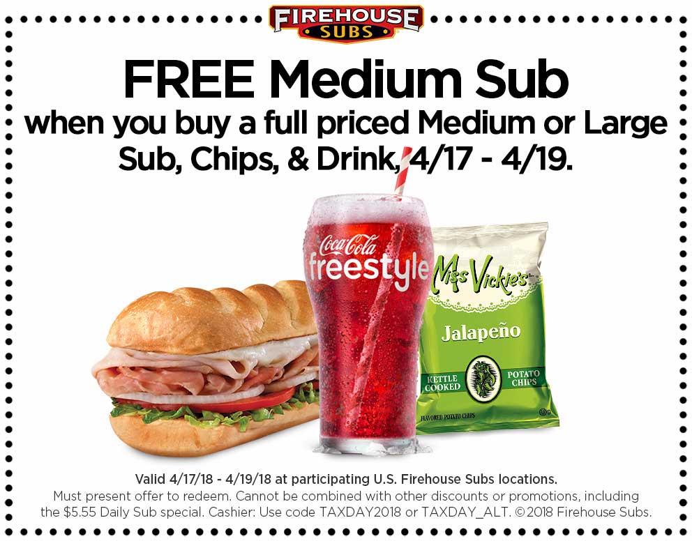 Firehouse Subs Coupon April 2024 Second sub sandwich free the 17-19th at Firehouse Subs