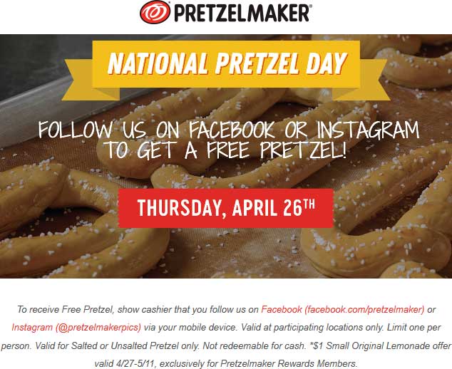 Pretzelmaker Coupon March 2024 Free pretzel the 26th at Pretzelmaker restaurants