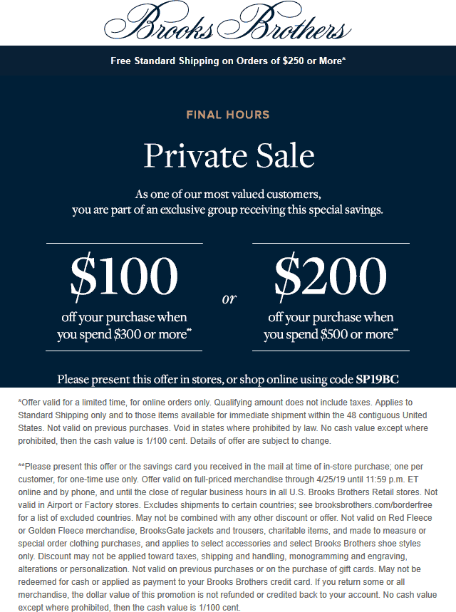 Brooks Brothers Coupon April 2024 $100 off $300 & more today at Brooks Brothers, or online via promo code SP19BC