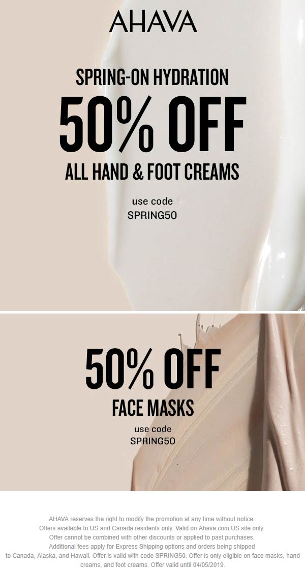 AHAVA Coupon April 2024 50% off all hand & foot creams online at AHAVA via promo code SPRING50