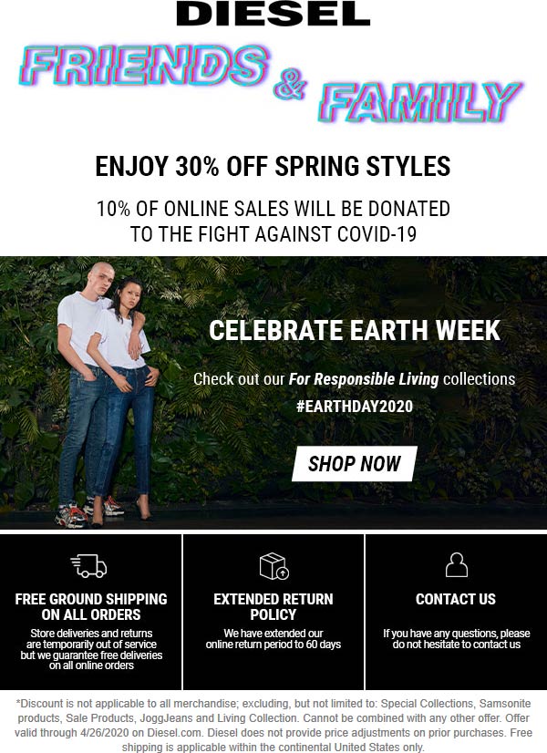 Diesel stores Coupon  30% off spring styles at Diesel (04/26)