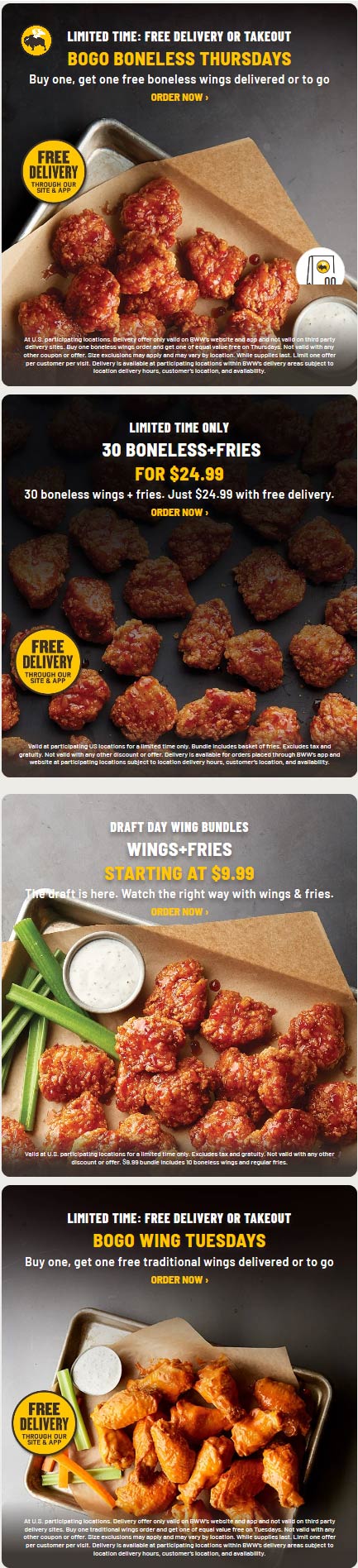 Buffalo Wild Wings restaurants Coupon  2nd boneless wings free & more today at Buffalo Wild Wings restaurants (04/23)