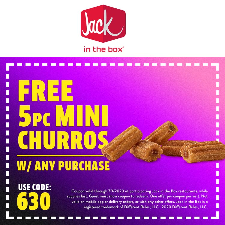 Jack in the Box restaurants Coupon  Free 5pc churros with your order at Jack in the Box restaurants (07/01)