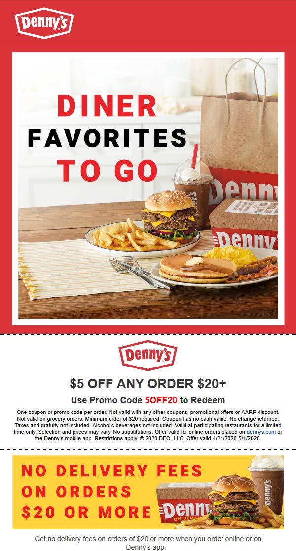 5 off 20 at Dennys restaurants via promo code 5OFF20 (05/01) The