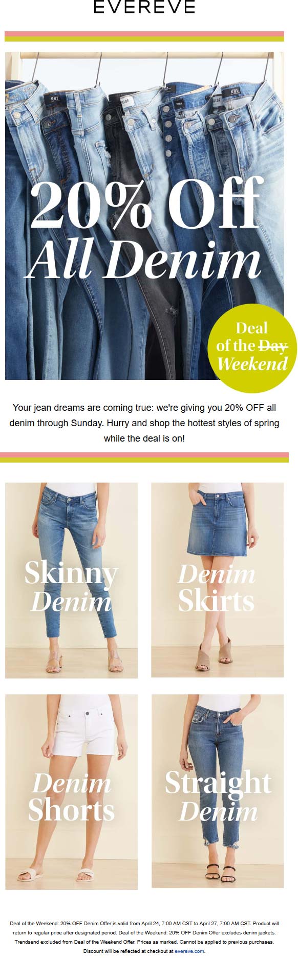 Evereve stores Coupon  20% off all denim at Evereve (04/26)