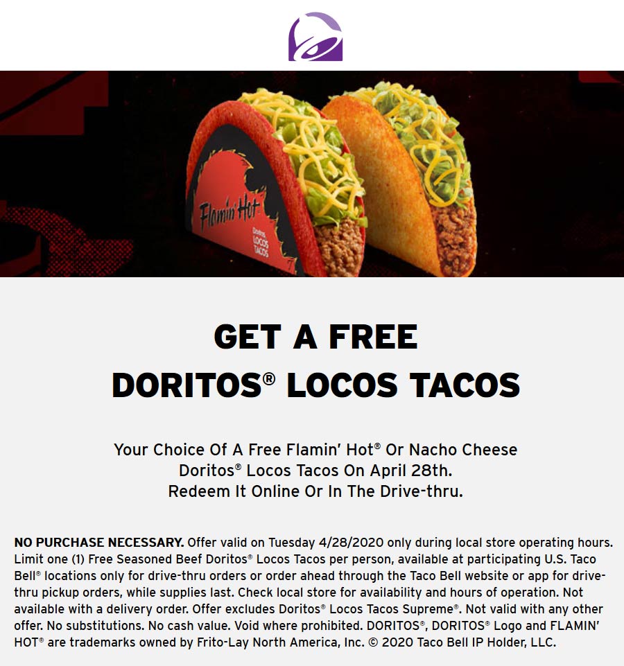 Taco Bell restaurants Coupon  Free doritos loco taco Tuesday at Taco Bell (04/28)