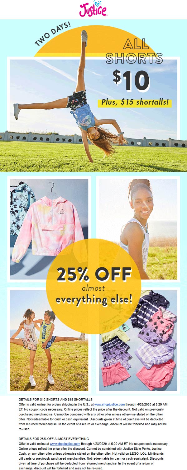 Justice stores Coupon  25% off everything at Justice (04/27)
