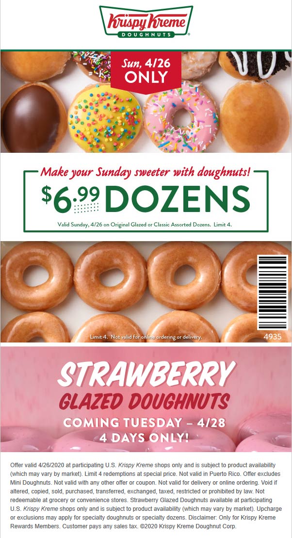 Krispy Kreme restaurants Coupon  $7 dozen doughnuts today at Krispy Kreme (04/26)