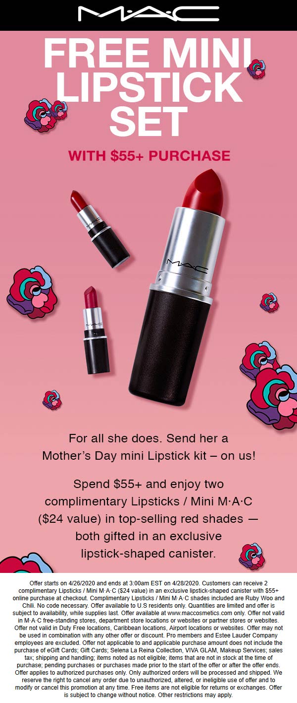 MAC stores Coupon  Free $24 lipstick set with $55 spent at MAC cosmetics (04/27)