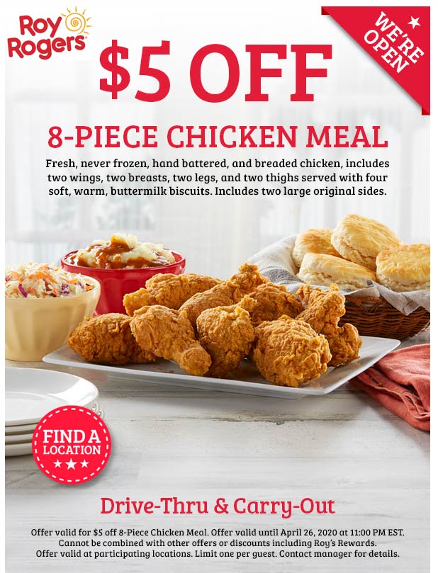 Roy Rogers restaurants Coupon  $5 off 8pc chicken meal today at Roy Rogers (04/26)