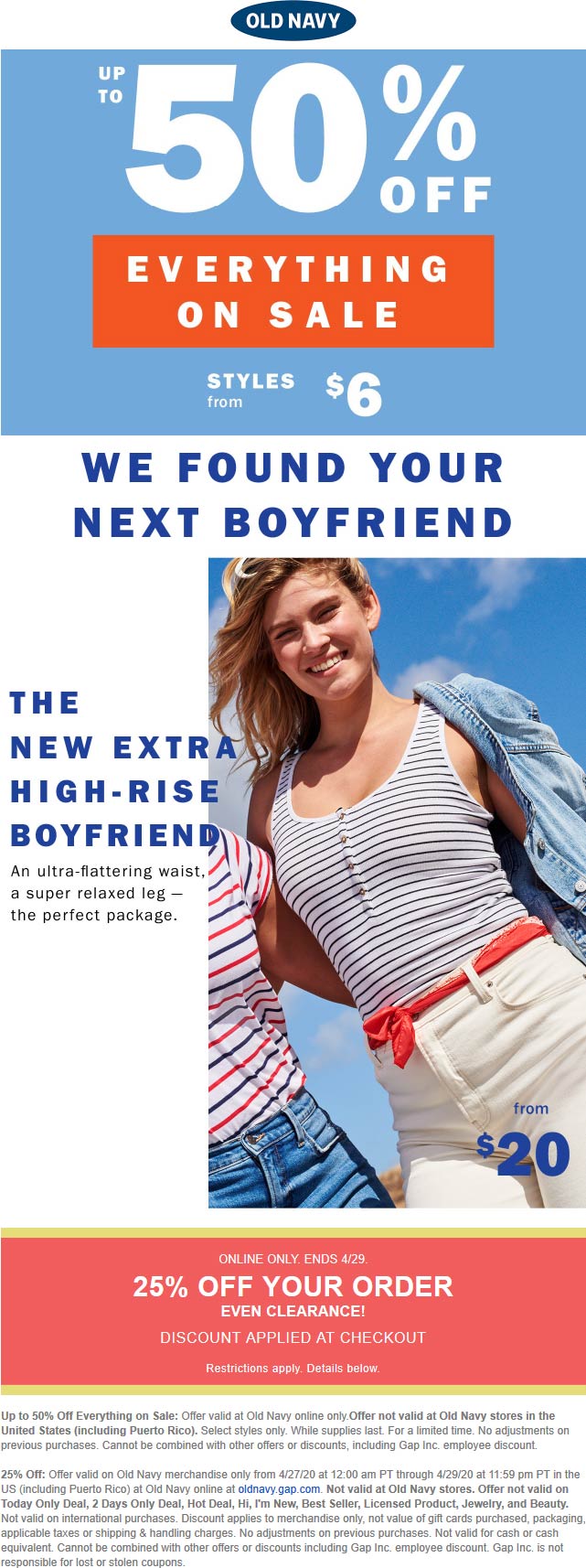Old Navy stores Coupon  25-50% off everything at Old Navy (04/29)