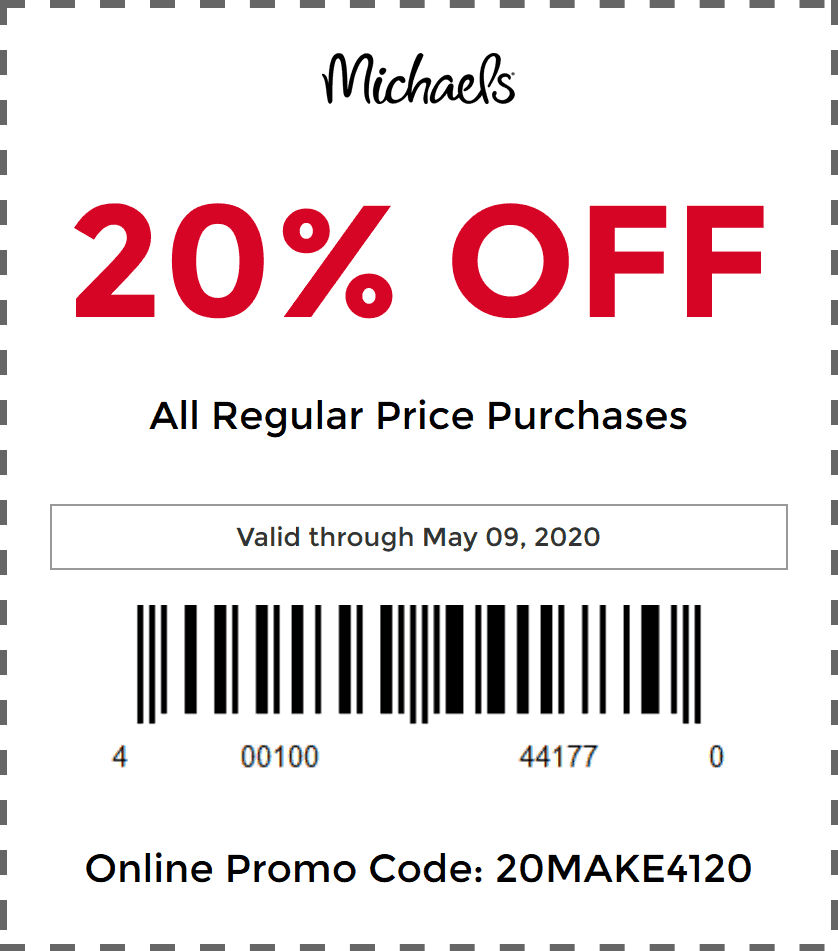 Michaels stores Coupon  20% off at Michaels via promo code 20MAKE4120 (05/09)