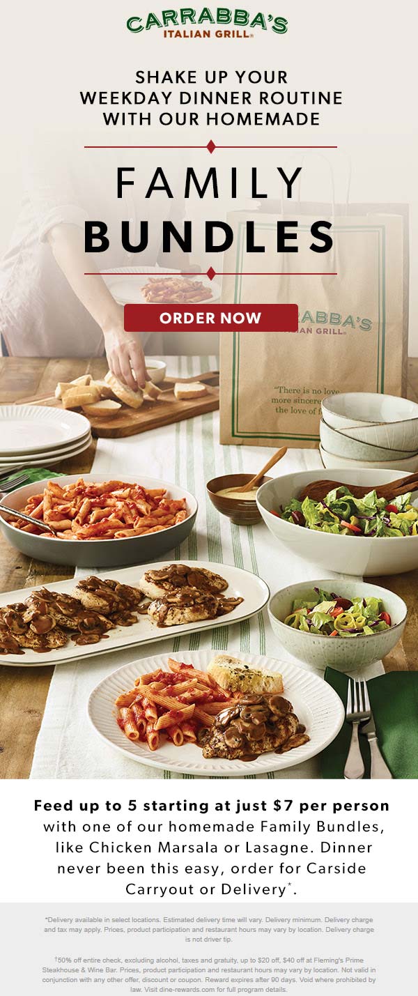 [August, 2020] Lunch combo meals for $8 at Carrabbas Italian Grill #