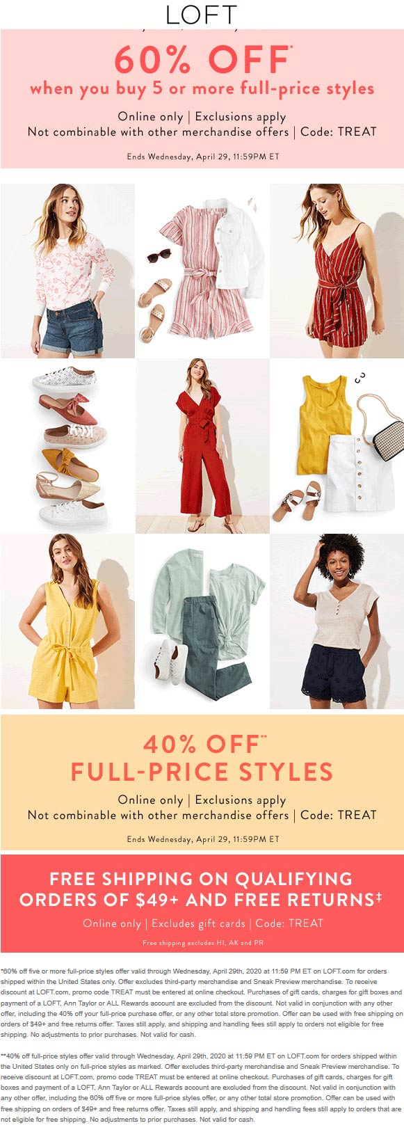 LOFT stores Coupon  60% off 5+ items today at LOFT via promo code TREAT (04/29)