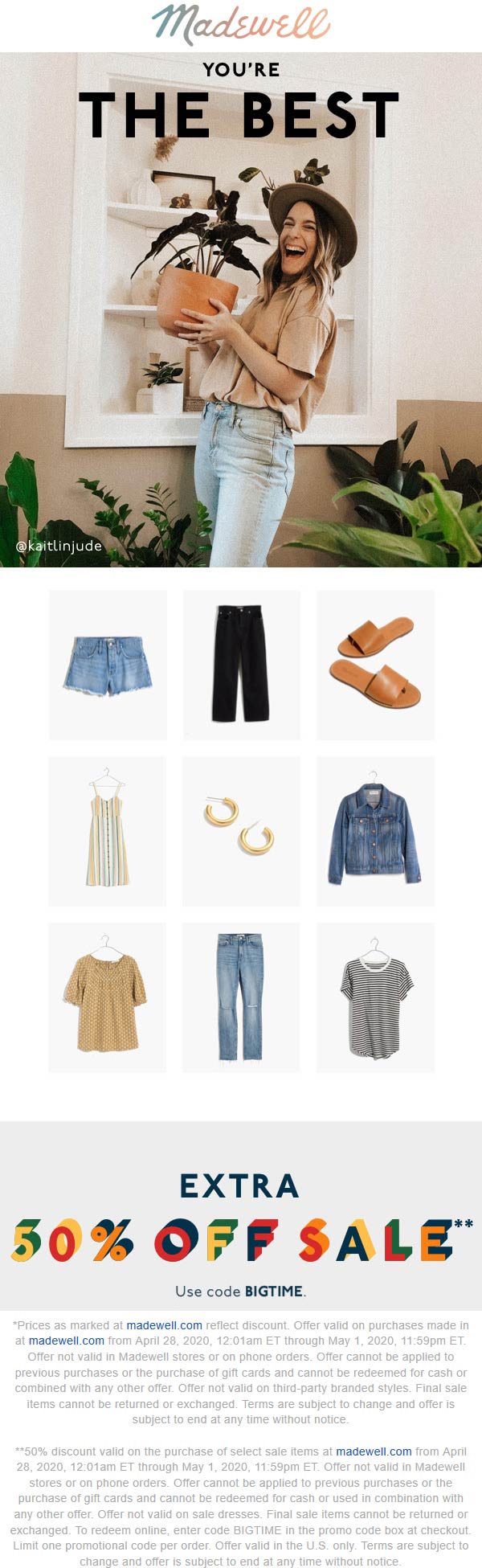Madewell stores Coupon  Extra 50% off sale items at Madewell via promo code BIGTIME (05/01)