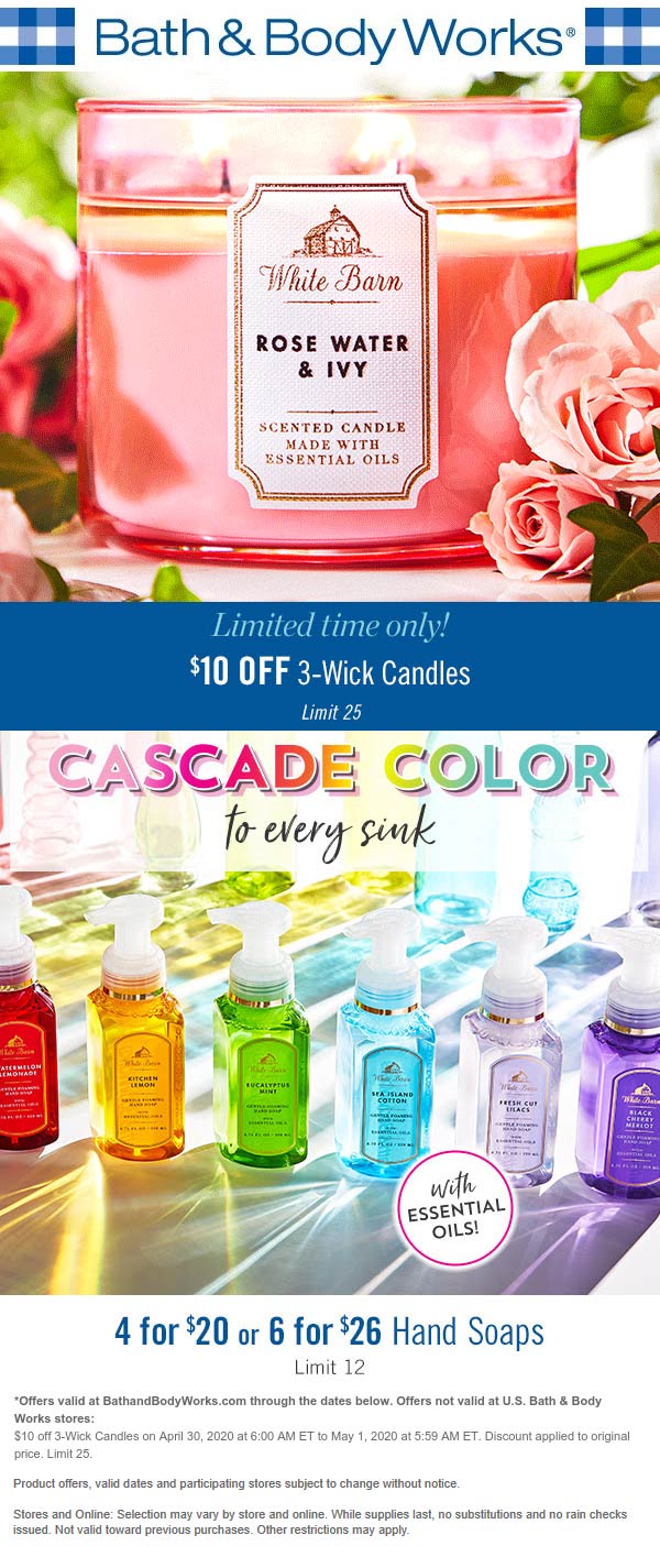 Bath & Body Works stores Coupon  $10 off 3-wick candles today at Bath & Body Works (04/30)