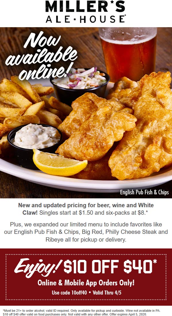 Millers Ale House coupons & promo code for [May 2022]