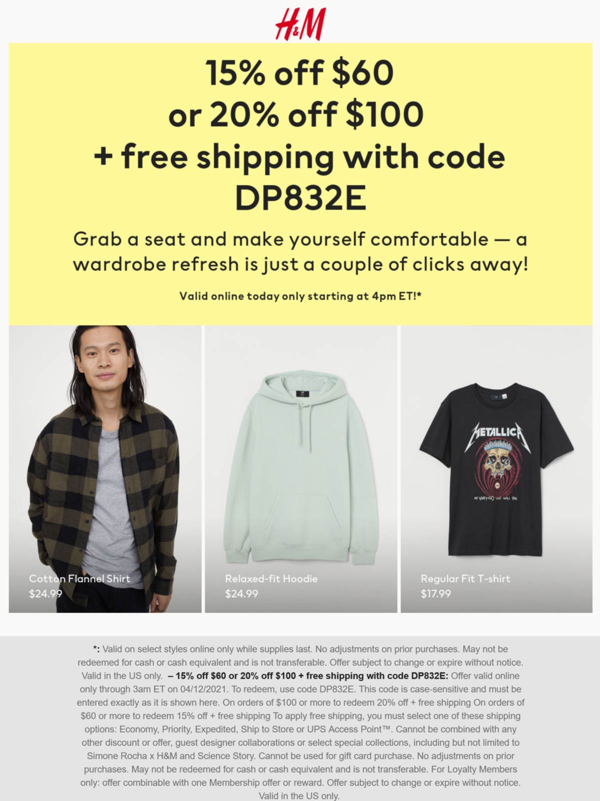 H&M stores Coupon  15-20% off $60+ online today at H&M via promo code DP832E #hm 