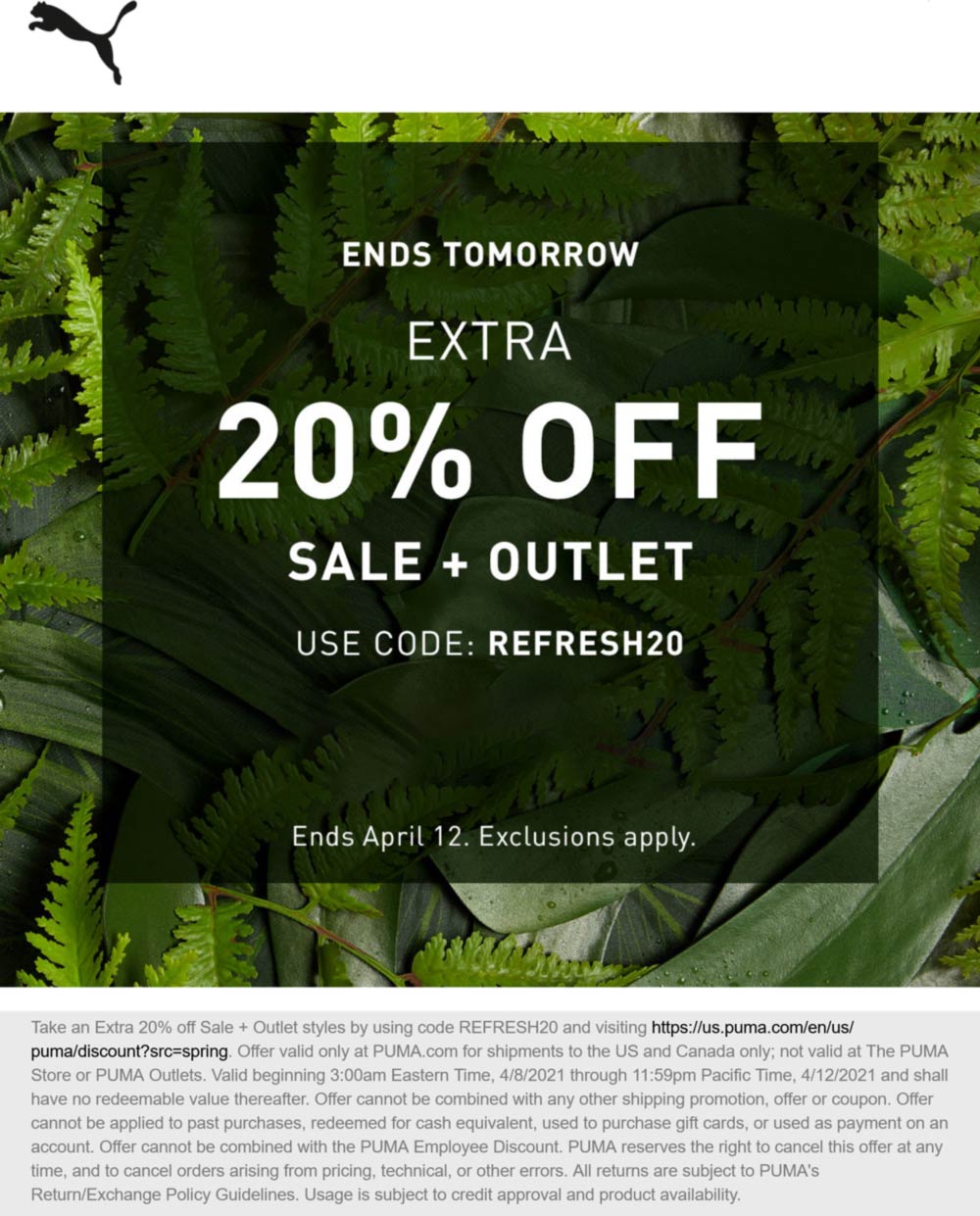 PUMA stores Coupon  Extra 20% off sale & outlet items at PUMA via promo code REFRESH20 #puma 