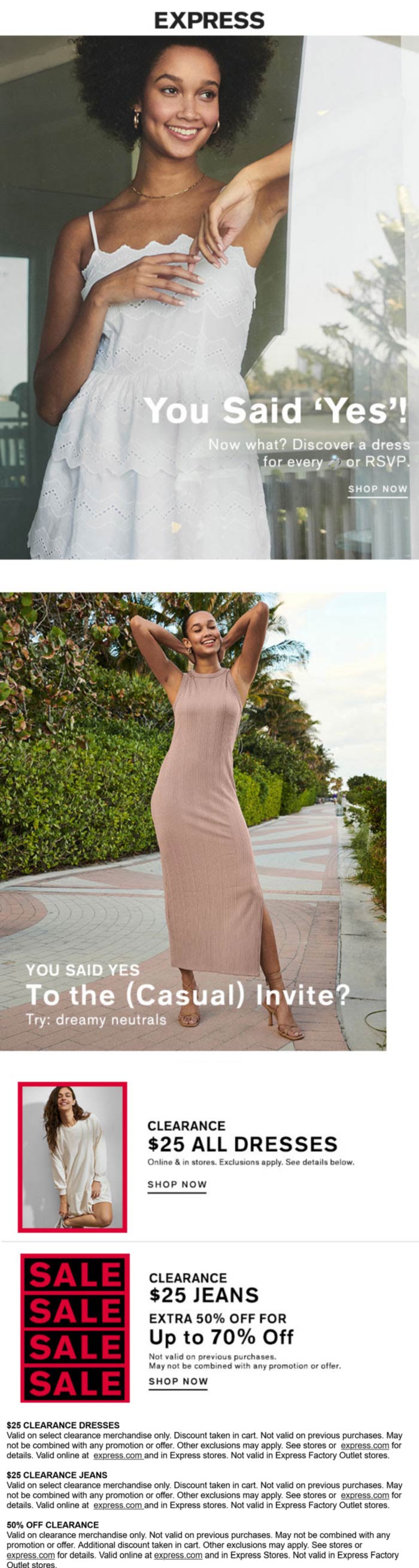 Express stores Coupon  All dresses $25 & 50% off clearance at Express, ditto online #express 
