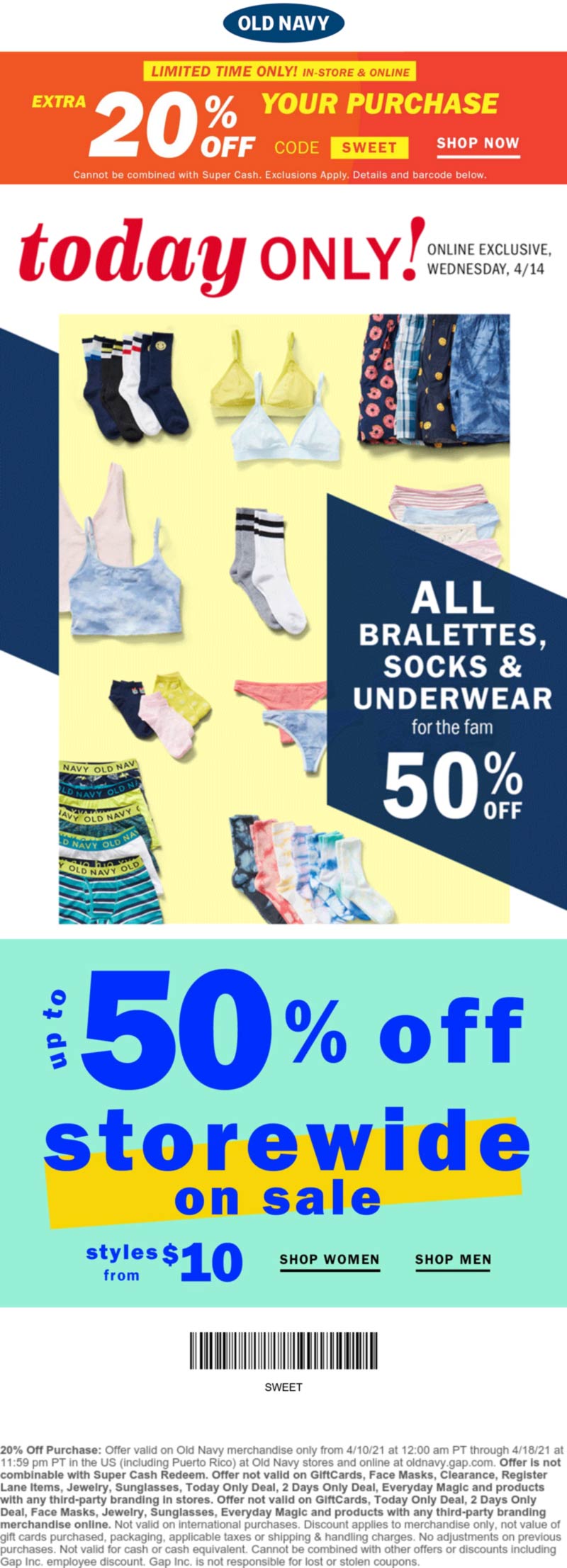 Old Navy stores Coupon  20% off at Old Navy, or online via promo code SWEET #oldnavy 
