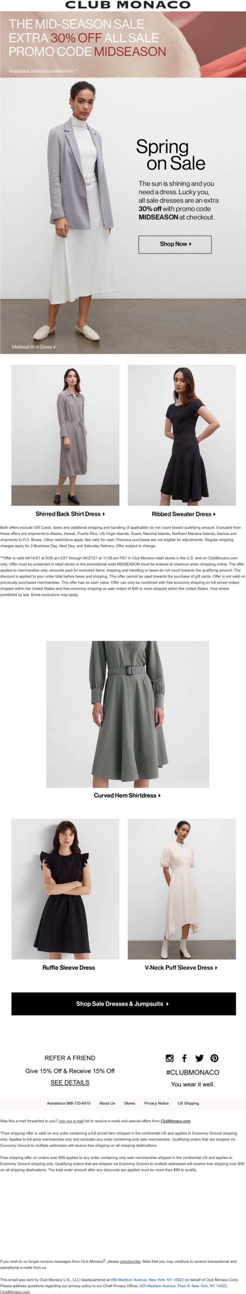 Club Monaco stores Coupon  Extra 30% off all sale items at Club Monaco, or online via promo code MIDSEASON #clubmonaco 
