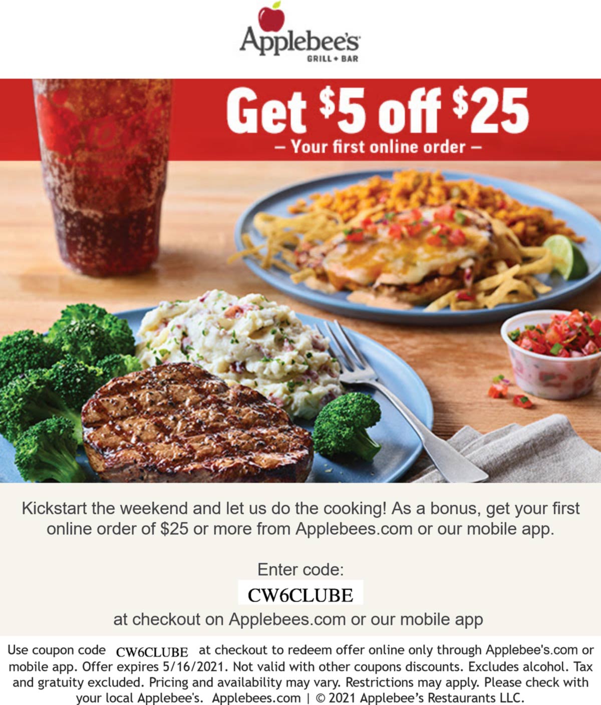 Applebees restaurants Coupon  $5 off $25 first online order at Applebees via promo code CW6CLUBE #applebees 