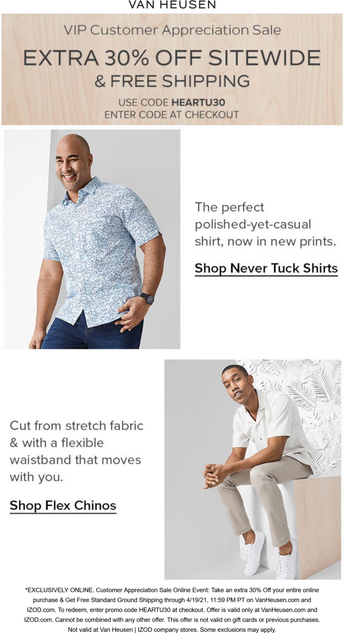 Extra 30 off everything online at Van Heusen via promo code HEARTU30 