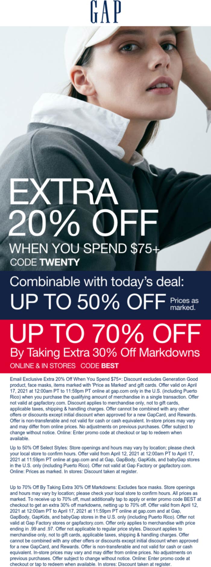 Gap stores Coupon  Extra 20% off $75 online today at Gap via promo code TWENTY #gap 