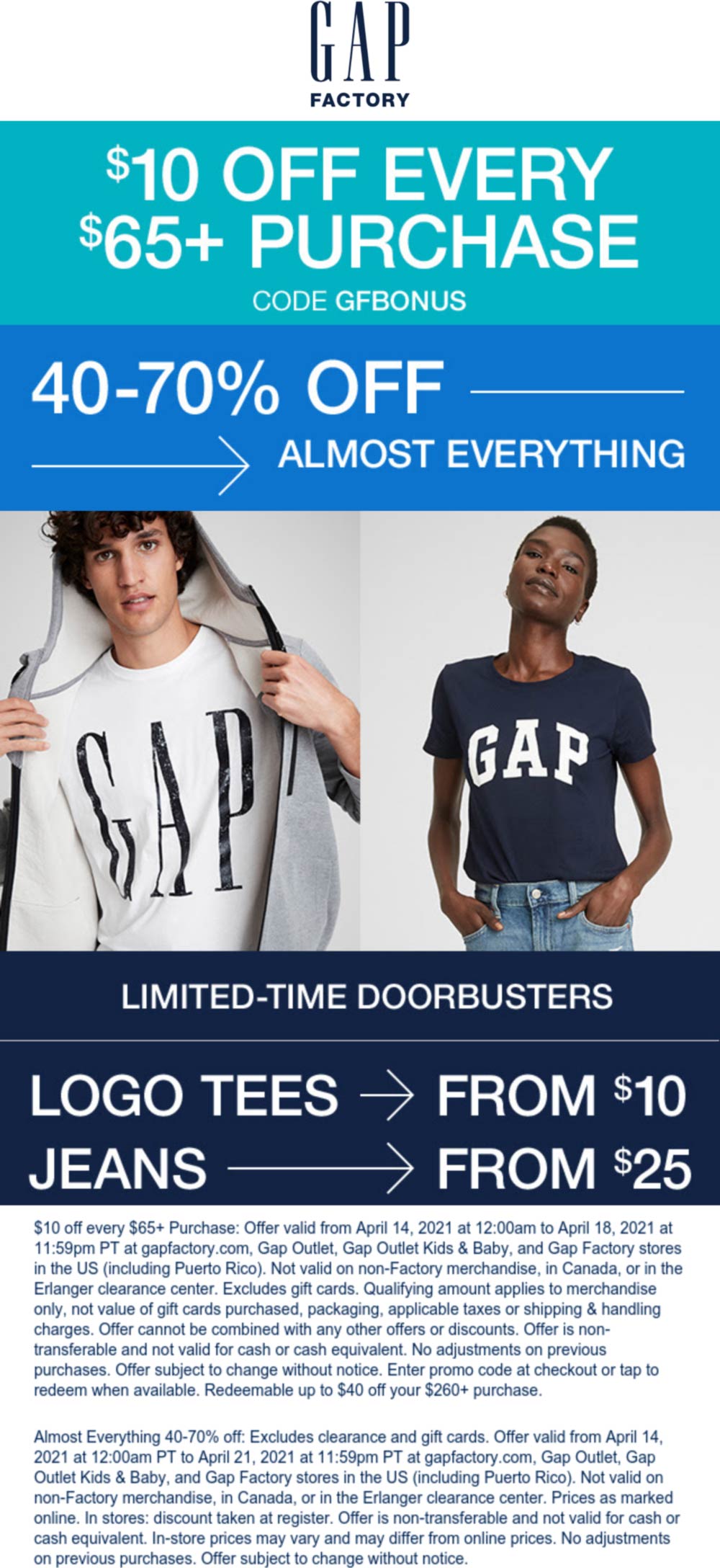 Gap Facotry stores Coupon  40-70% off everything + $10 off every $65 at Gap Facotry via promo code GFBONUS #gapfacotry 