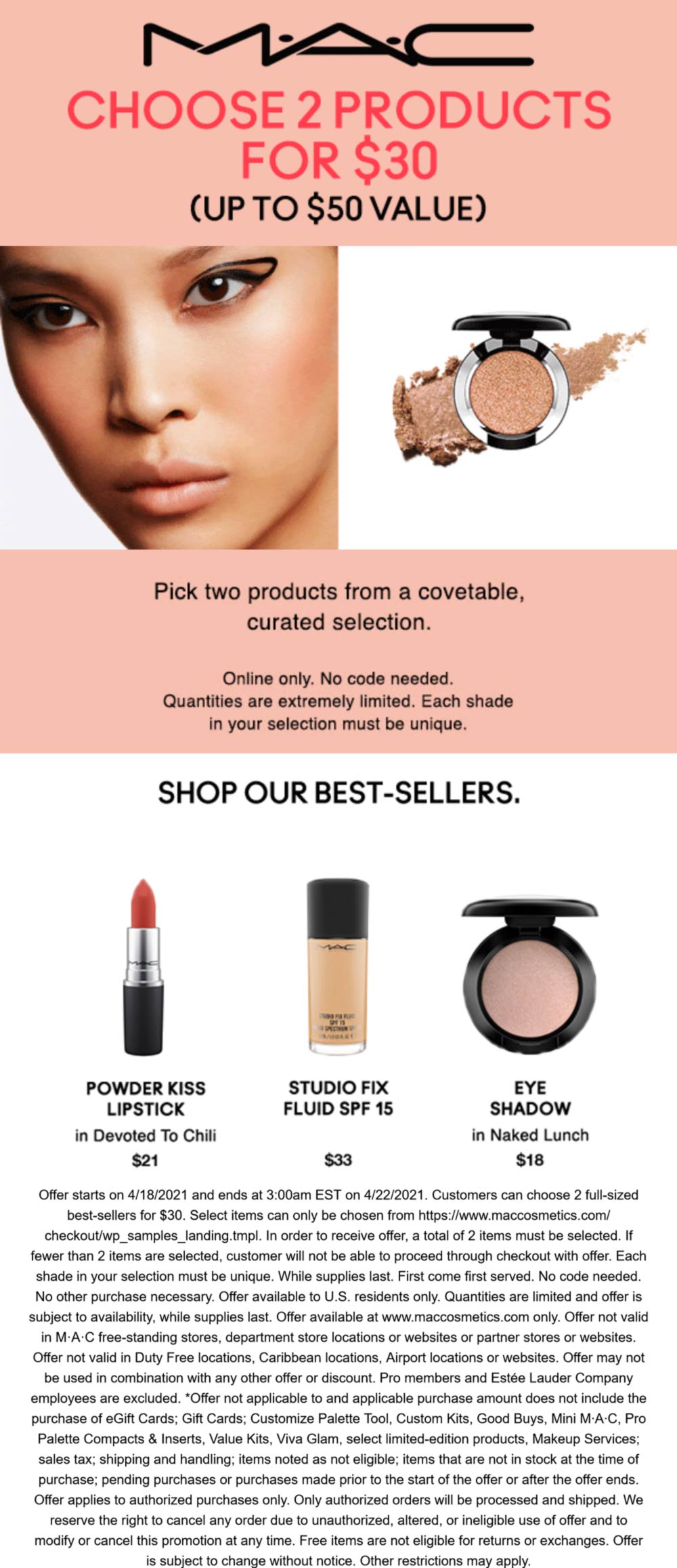 MAC stores Coupon  2 products = $30 online at MAC cosmetics #mac 