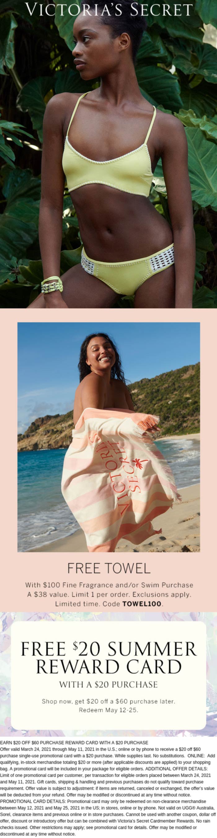 Victorias Secret stores Coupon  Free towel with $100 spent & more at Victorias Secret via promo code TOWEL100 #victoriassecret 