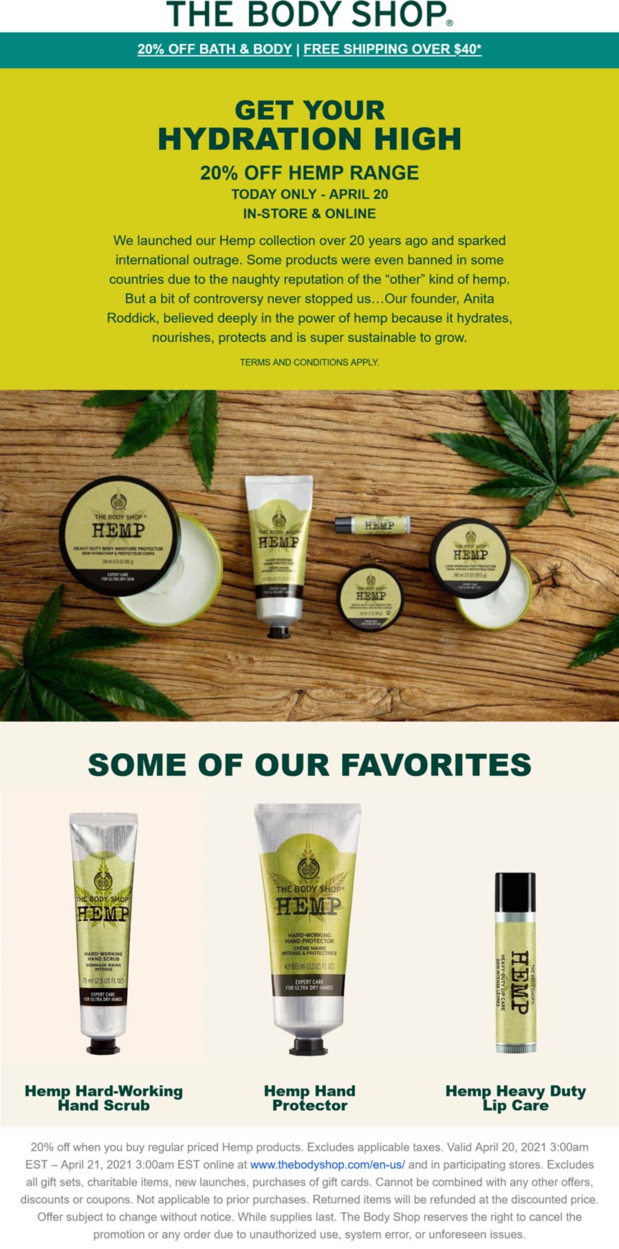 20 off hemp today at The Body Shop, ditto online The
