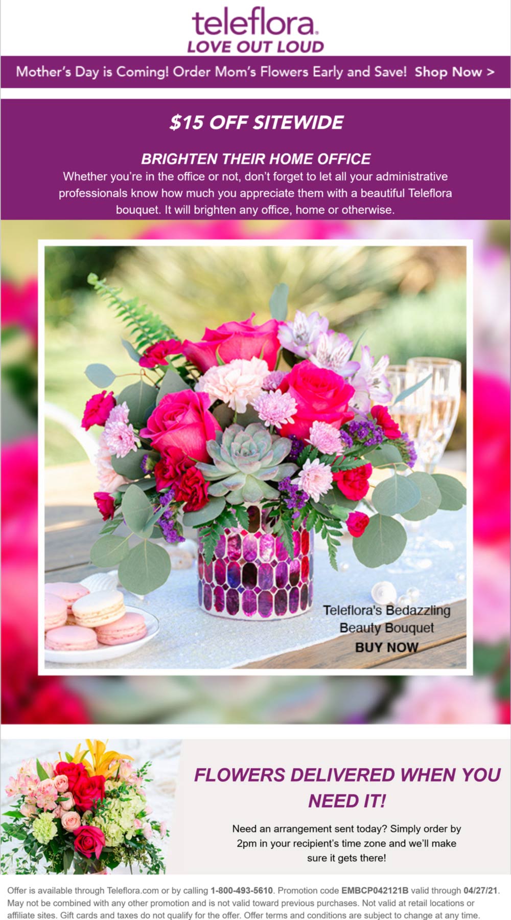 Teleflora stores Coupon  $15 off same-day flowers at Teleflora via promo code EMBCP042121B #teleflora 