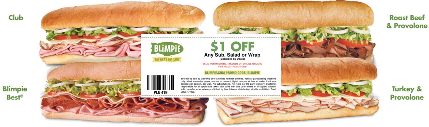 Blimpie restaurants Coupon  $1 off any sub sandwich salad or wrap at Blimpie via promo code BLIMPIE #blimpie 