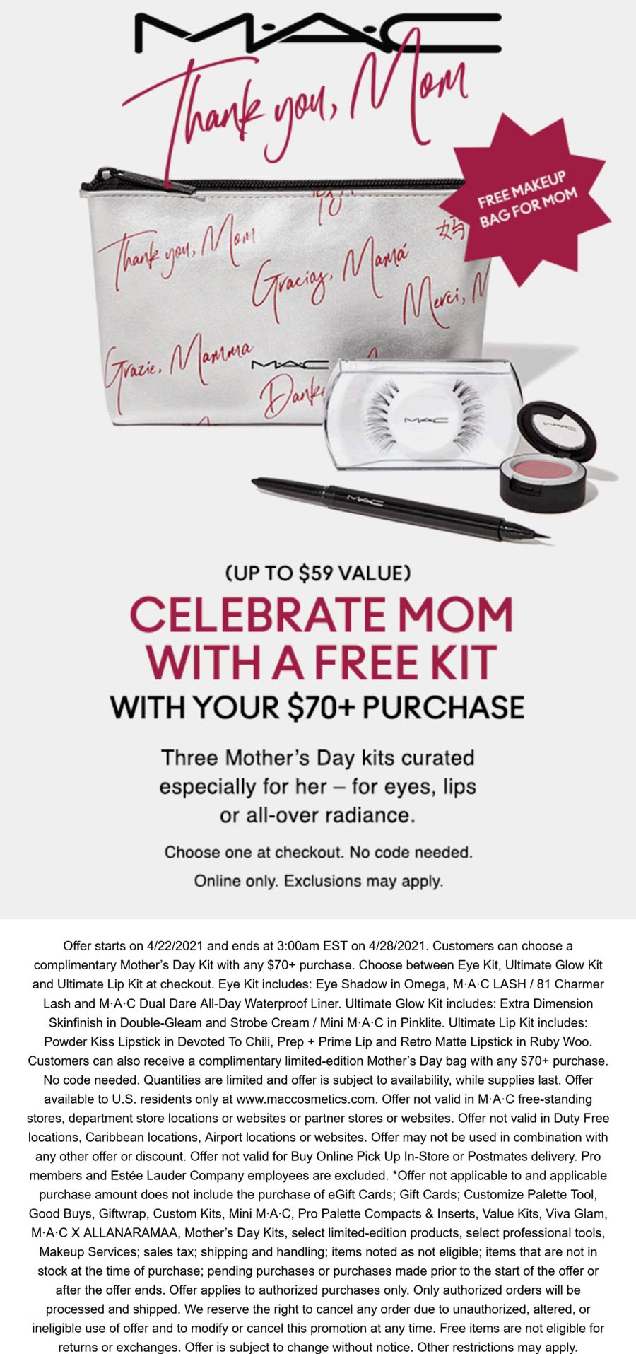 MAC stores Coupon  Free $59 kit with $70 spent online at MAC cosmetics #mac 