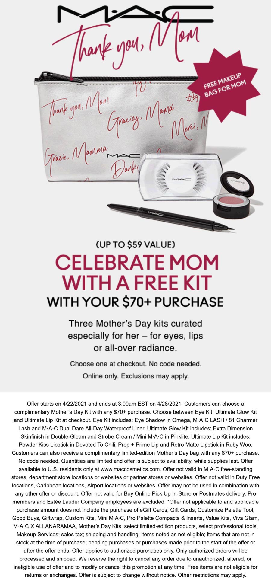 Free 59 kit with 70 spent online at MAC cosmetics mac The Coupons App®